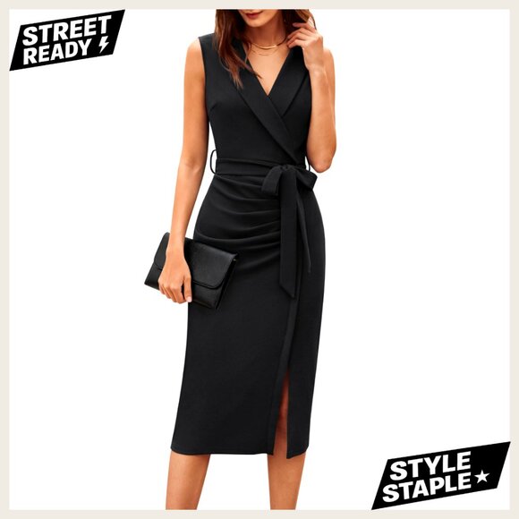 Sleeveless Ruched Bodycon Midi Dress with Belt Elegant Office Work Wear